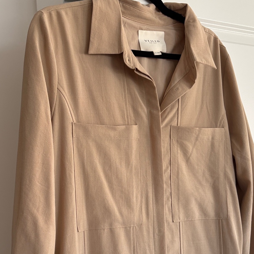 Beige Long Shirt Maxi Dress with Contrast Cuff - Picture 3 of 5